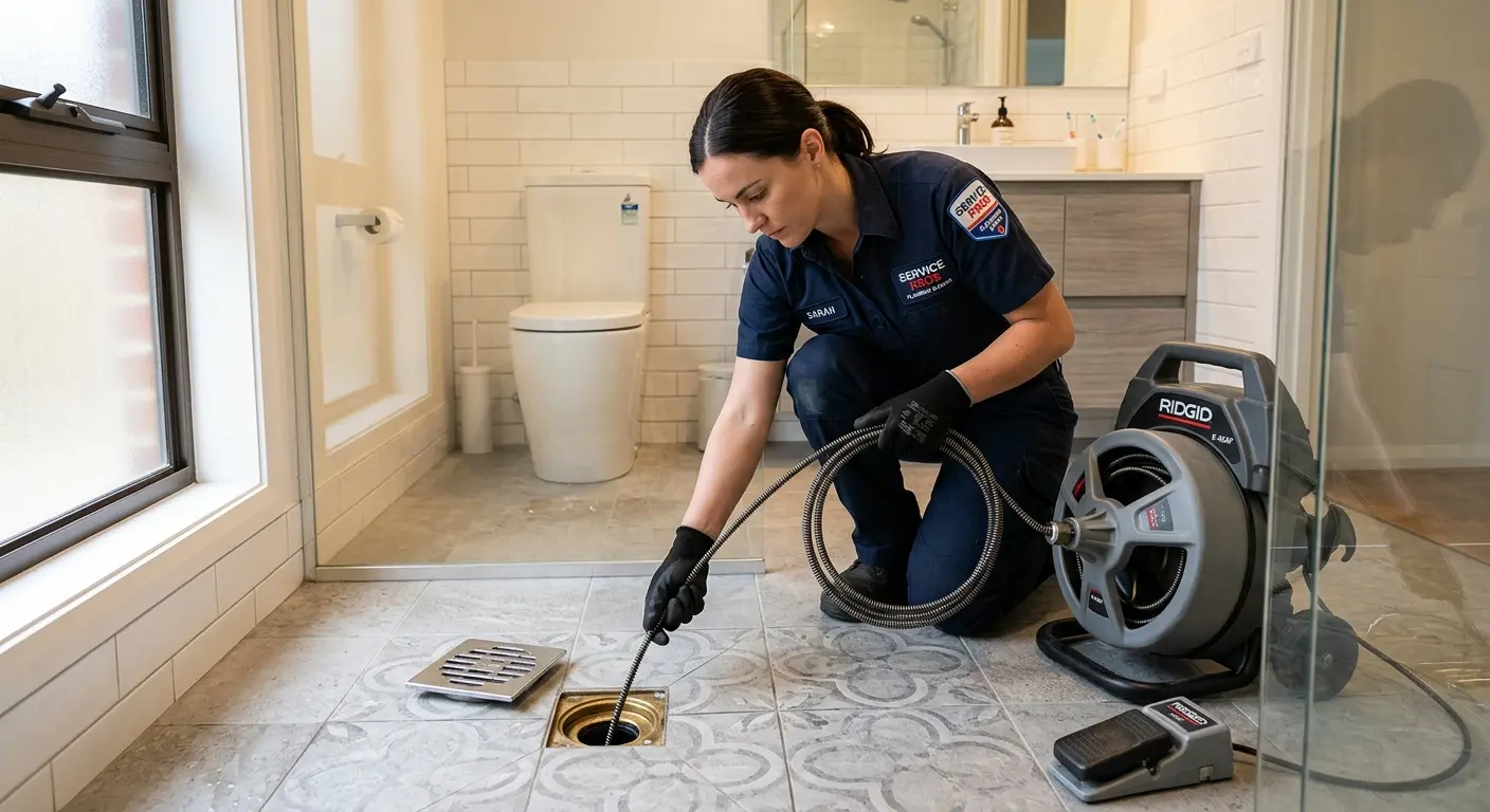 Technician clearing a bathroom floor drain for Clogged Drain Repair in Sheffield
